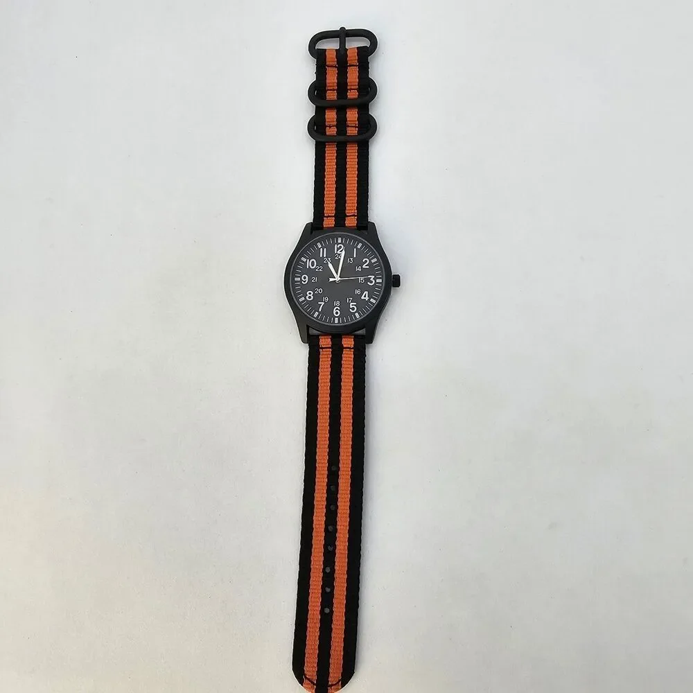 Field Military Men's Watch 42MM Black Case Dial Black‎ Orange Canvas Band Straps